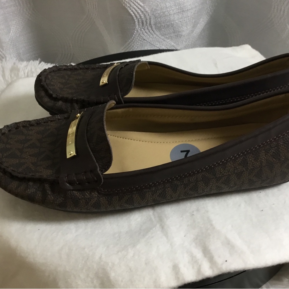 MICHAEL Michael Kors Brown Logo-Print Moccasin Loafers with Gold Plaque - Picture 2 of 8